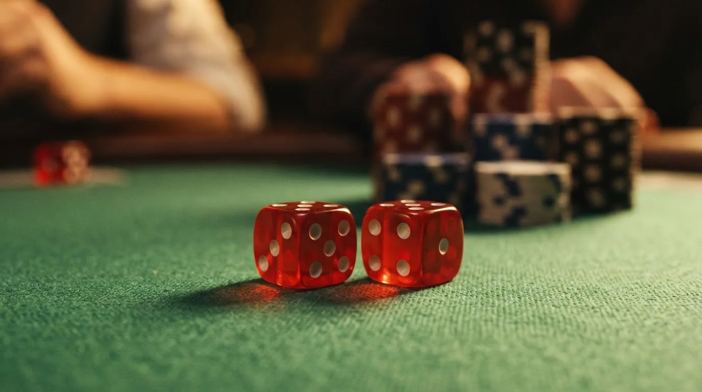 Punaiset nopat lepäävät vihreällä huovalla, taustalla sumeita pelimerkkitorneja iltahämärässä — kolikkopelit casino pelit