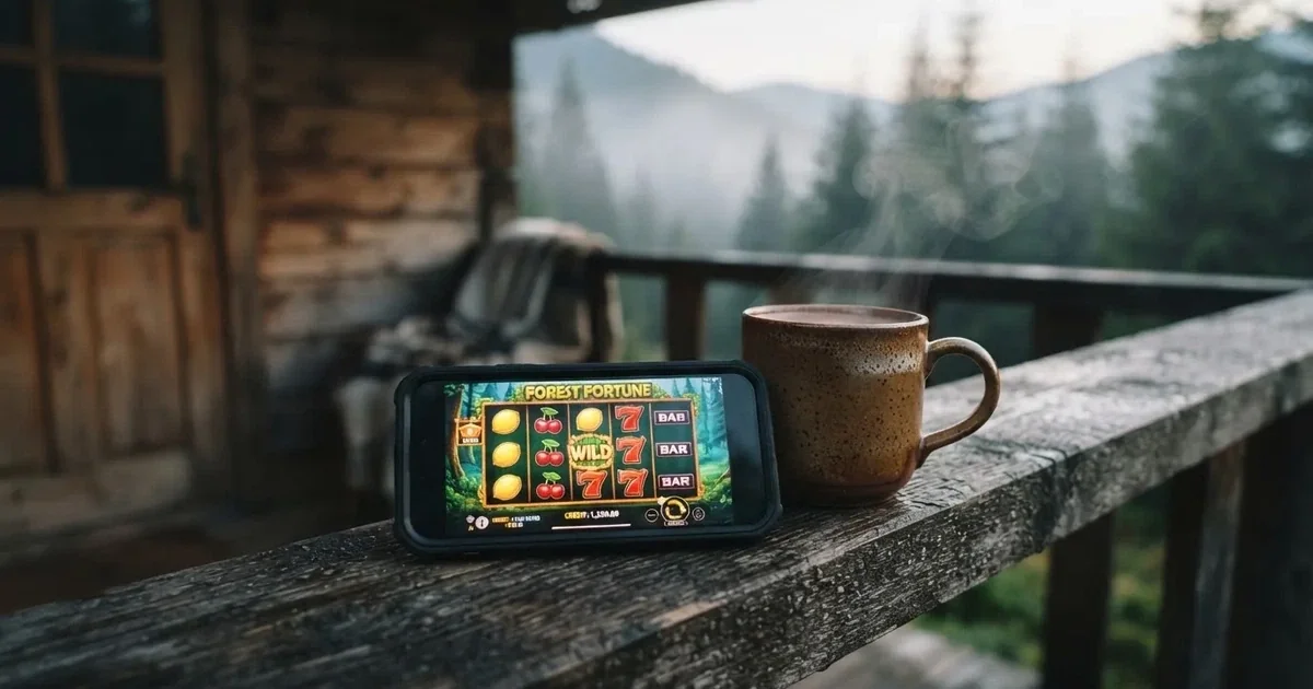 Kädet pitelevät lämmintä kaakaomukia metsämökin portailla, vieressä suljettu tabletti ja aamusumua — mobiilikasino puhelimessa