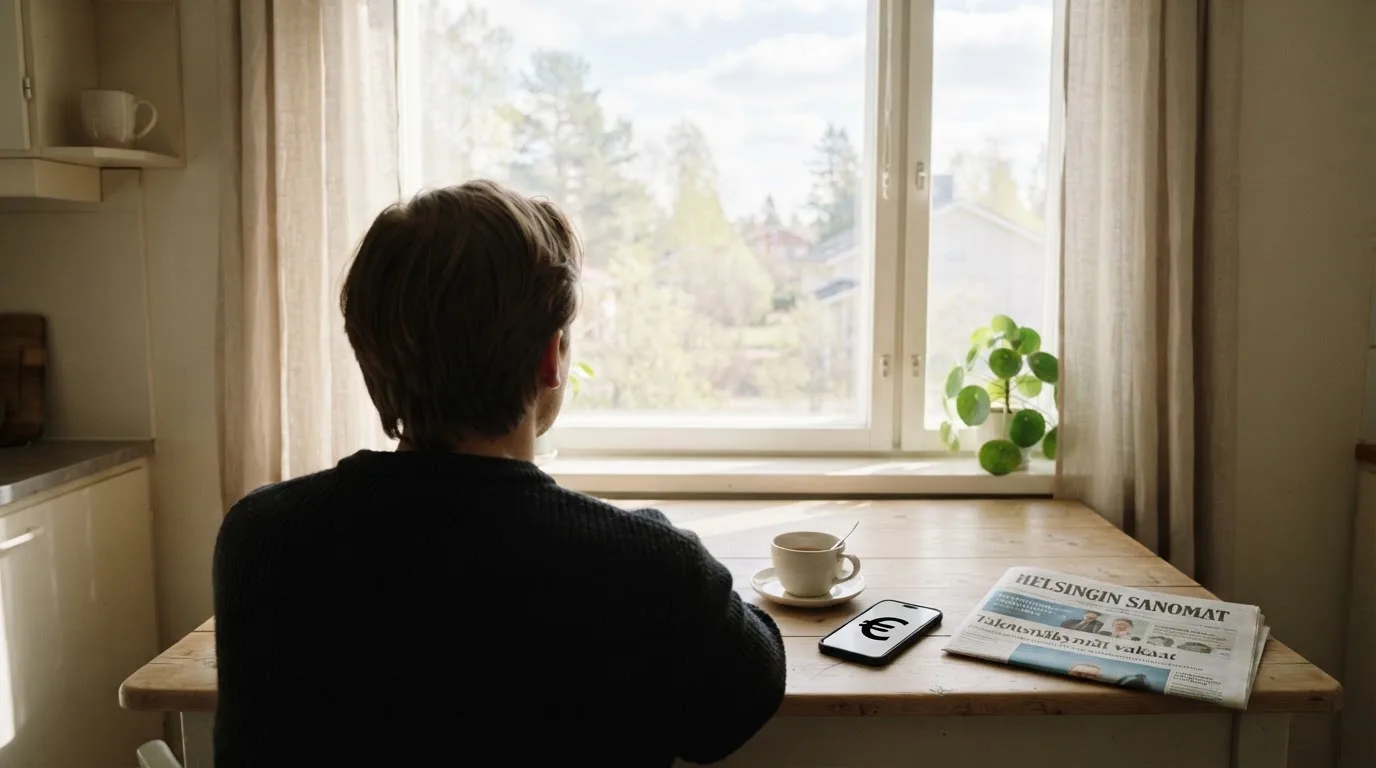 Henkilö istuu keittiön pöydän ääressä teekupin kanssa katsellen ulos ikkunasta aamulla.