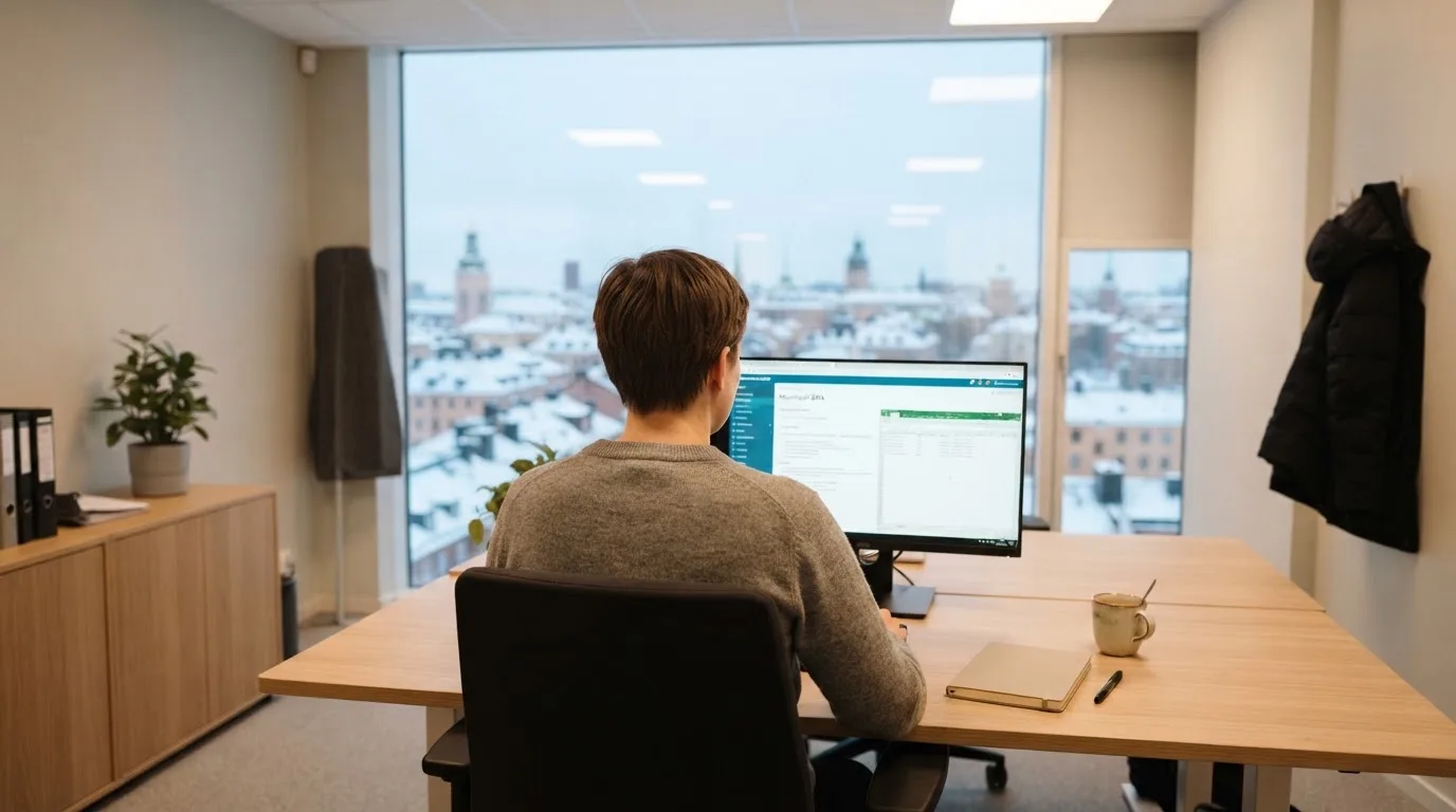 Virkailija istuu vaaleassa virastohuoneessa tietokoneen ääressä, ikkunasta näkyy talvinen kaupunkimaisema.